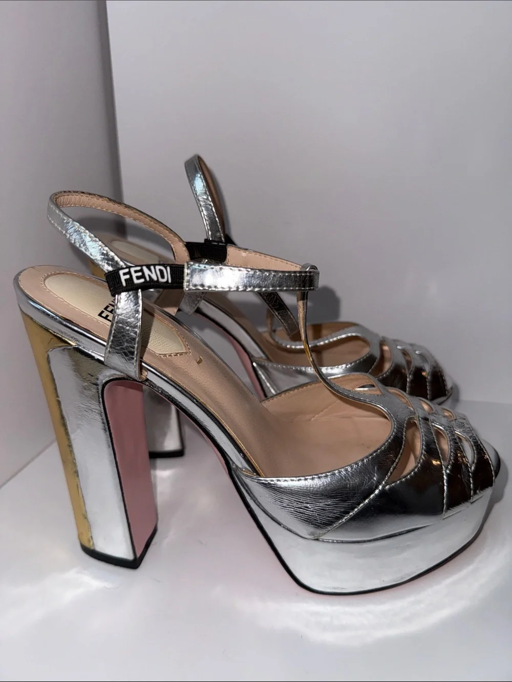 Fendi Metallic Silver Strappy Platform silver/gold Heels
